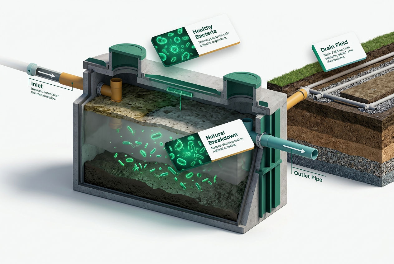 3D isometric cutaway of a septic tank showing healthy bacterial colonies, inlet pipe, and drain field layers with labeled zones.