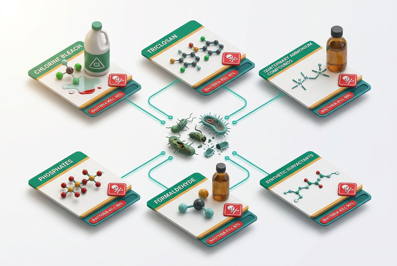 Grid of 3D chemical ingredient icons with red danger badges: bleach, antibacterial triclosan, quaternary ammonium, phosphates, and formaldehyde labele