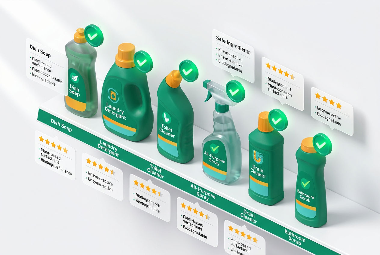 Isometric shelf display of approved septic-safe cleaning products with green checkmarks, ingredient badges, and category labels for each bottle.