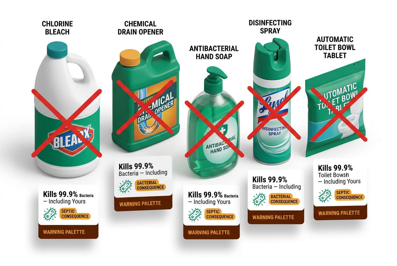 Row of 3D cleaning product bottles marked with red X badges: bleach cleaners, drain openers, antibacterial wipes, and disinfectant sprays labeled avoi