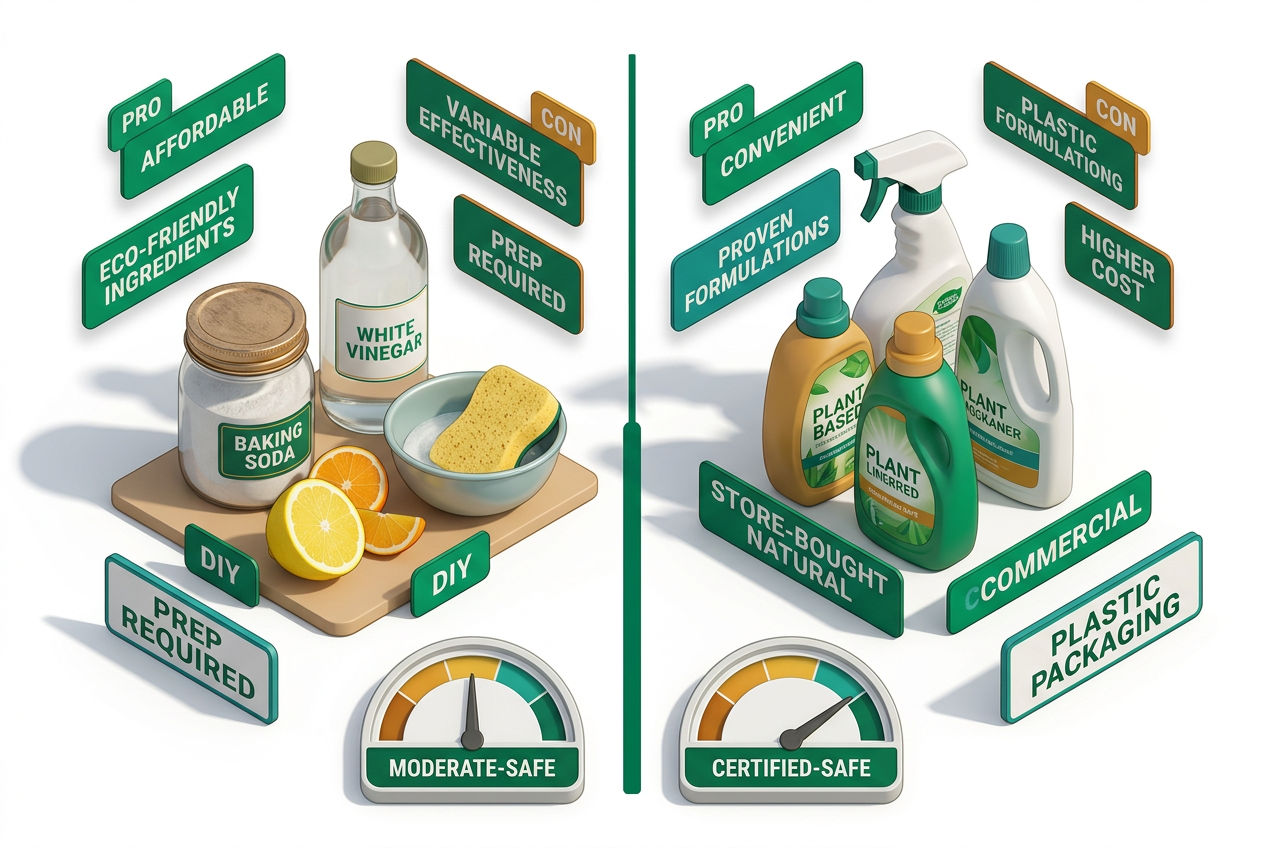 Split isometric comparison panel: left shows homemade vinegar and baking soda setup, right shows commercial natural cleaner bottles, with septic impac