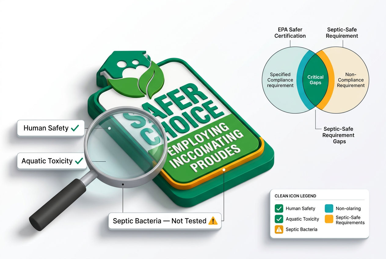 3D magnified EPA Safer Choice label with callout annotations explaining what the certification covers and a septic-safe gap indicator chart.