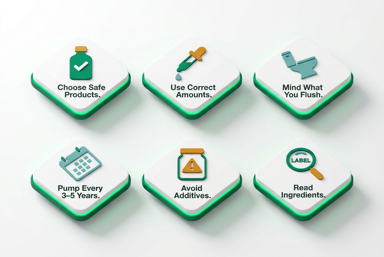 Isometric dashboard of six best-practice tiles: safe product selection, usage amounts, flush habits, pump schedule, additive caution, and label readin