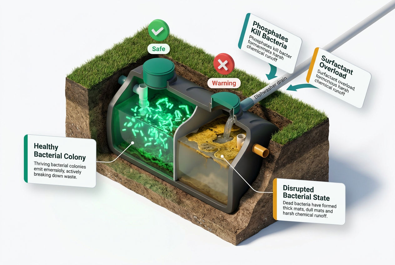Isometric cutaway of underground septic tank showing healthy bacteria layers vs disrupted bacteria from harsh detergent chemicals entering system.