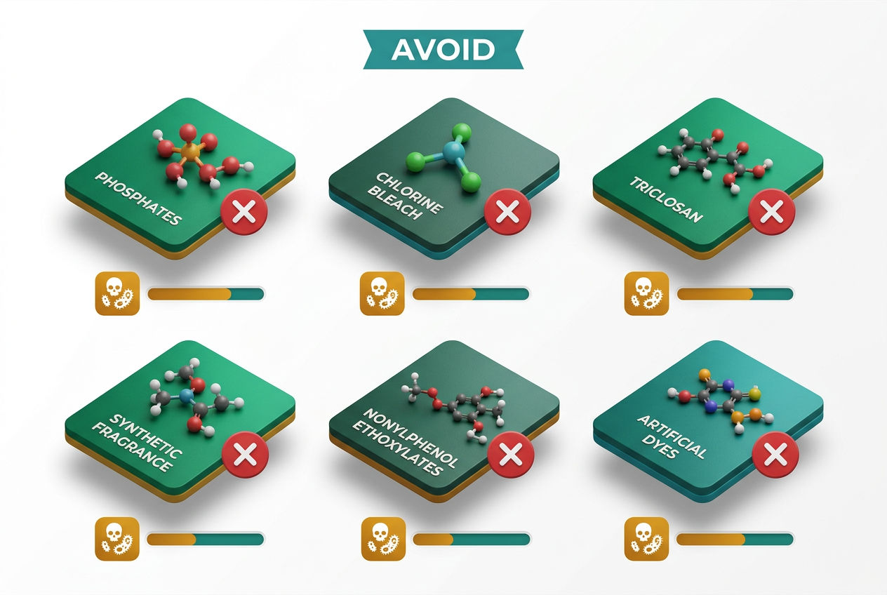Isometric grid of dangerous dishwasher detergent ingredients with red X icons: phosphates, bleach, triclosan, synthetic fragrance, and nonylphenol eth
