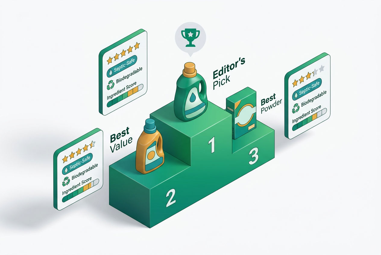 Isometric award podium displaying top 3 septic-safe dishwasher detergent picks with rating stars, eco-cert badges, and ingredient safety scores.