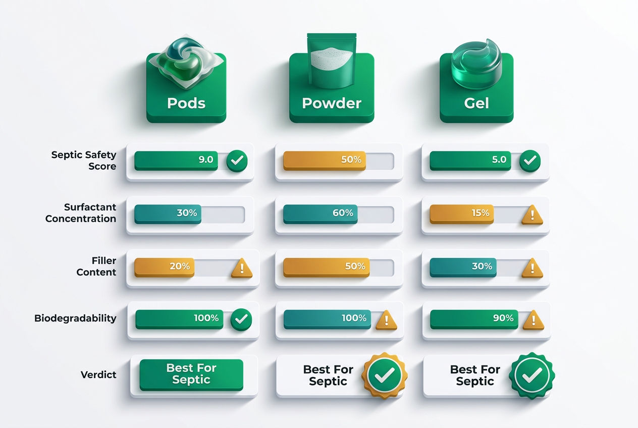 Side-by-side isometric comparison of dishwasher pods, powder, and gel formats with septic safety scores, concentration bars, and surfactant load indic