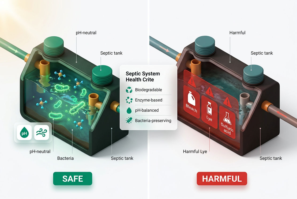 3D isometric infographic showing septic tank cross-section with safe vs harmful chemical ingredients labeled and color-coded.