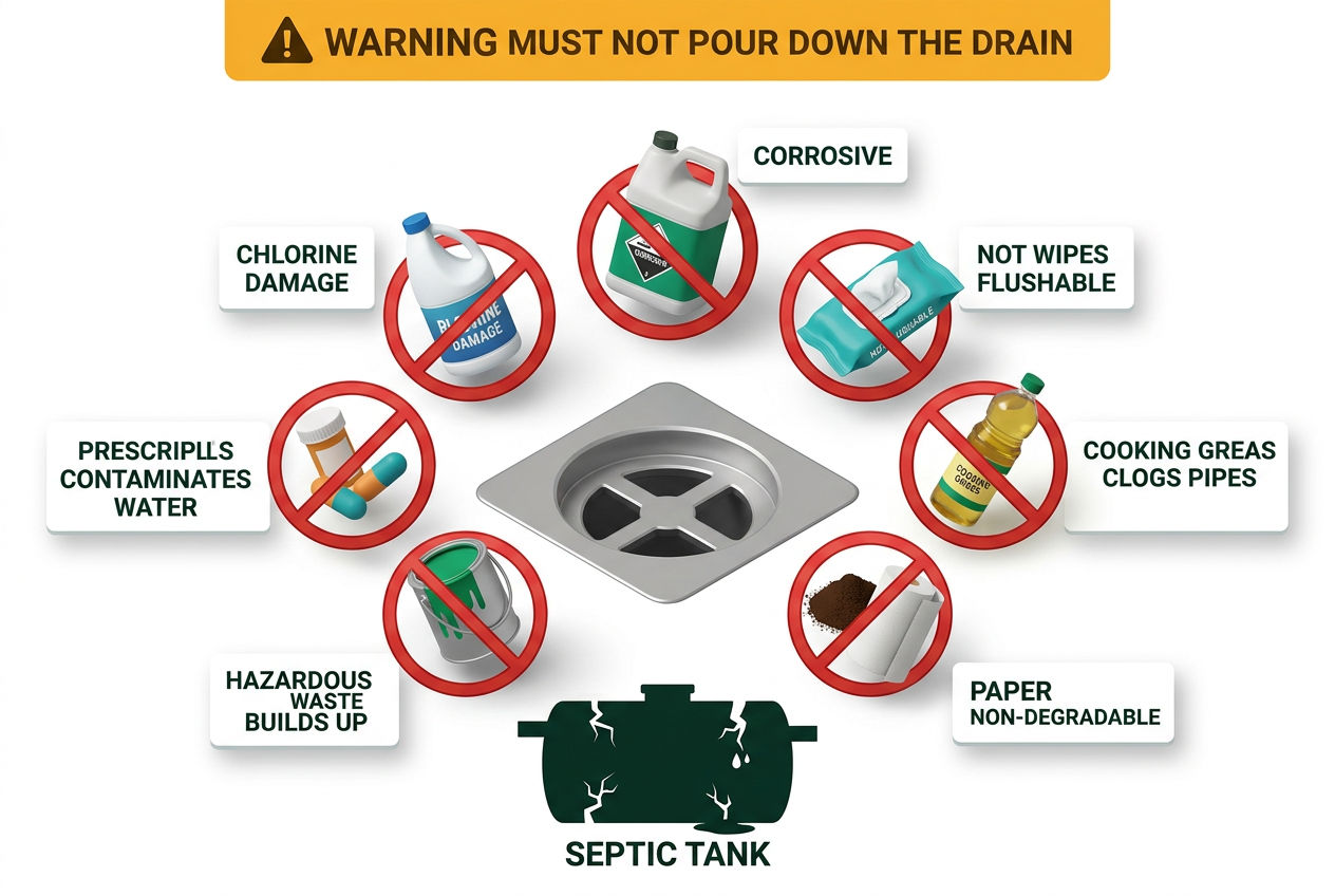 3D isometric infographic displaying banned drain items for septic systems including chemicals, wipes, grease, and medications.