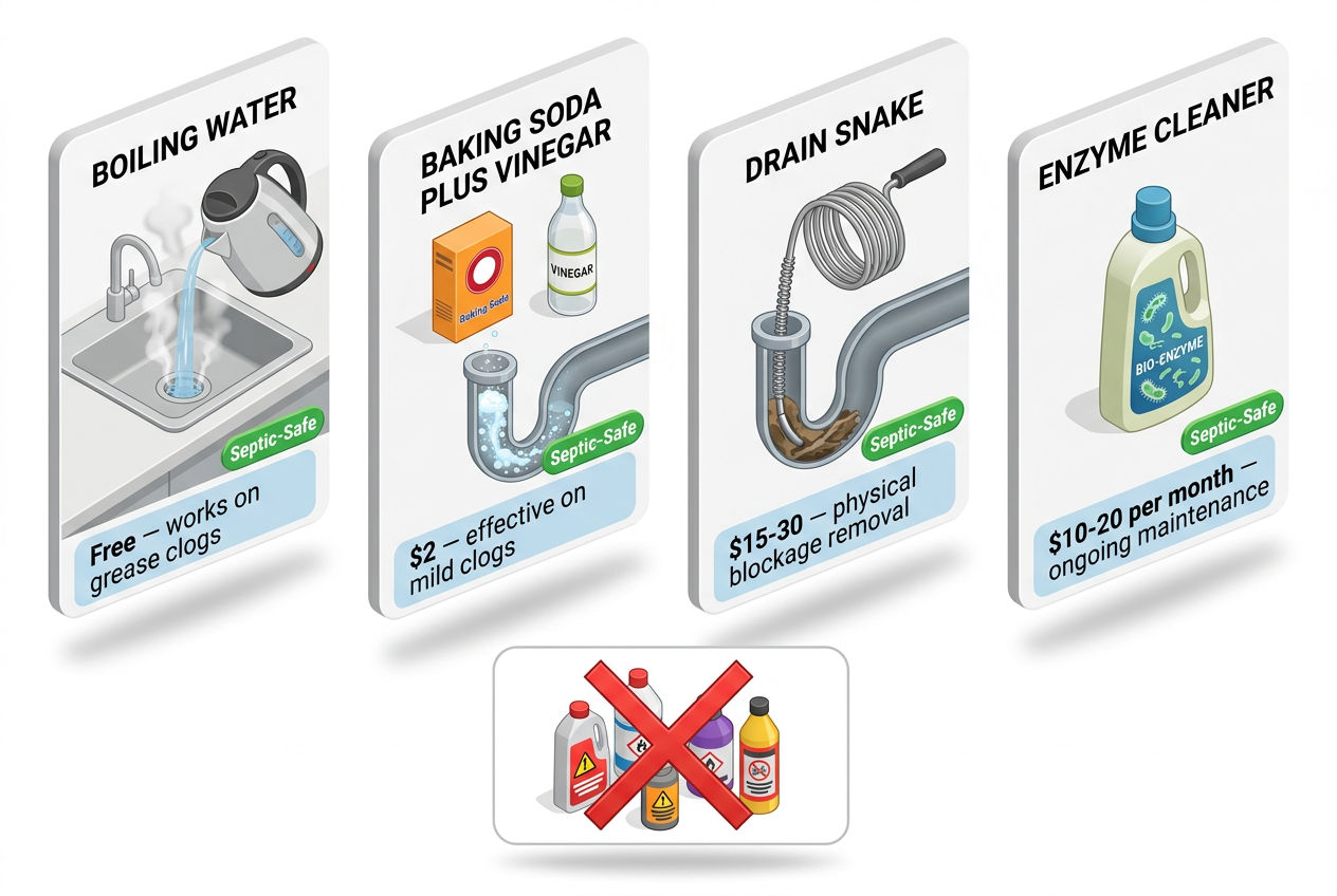 3D four-panel guide showing septic-safe drain cleaning methods: boiling water, baking soda, drain snake, enzyme cleaners