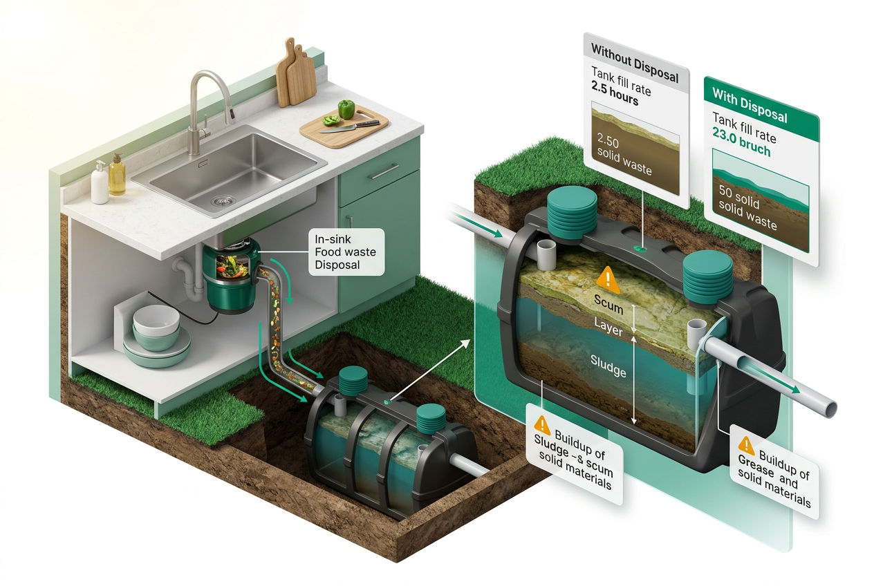 3D isometric cutaway showing food waste flow from garbage disposal into septic tank layers, with sludge buildup comparison panels.