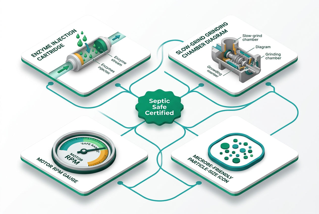 Isometric icon grid showing key septic-safe garbage disposal features: enzyme injection, slow-grind motor, bioenzyme cartridge, and low-RPM specs.