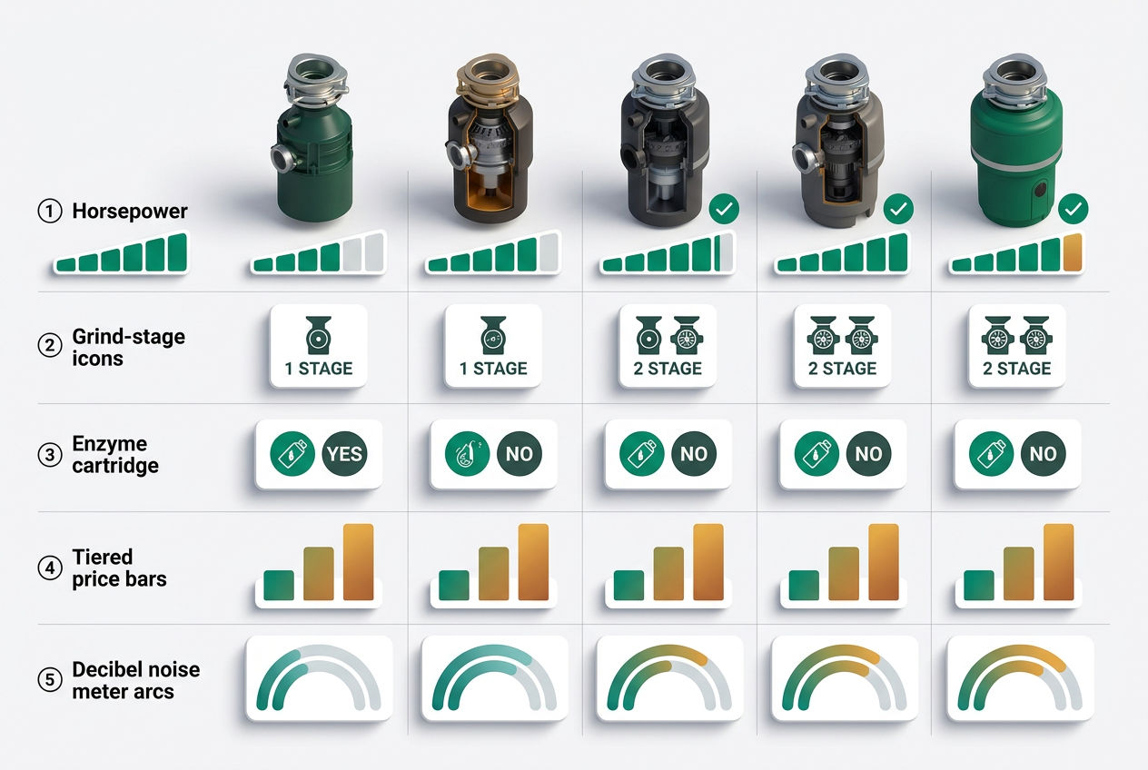 3D isometric comparison table of top septic-safe garbage disposal models showing horsepower, grind stages, enzyme system, price tier, and noise rating