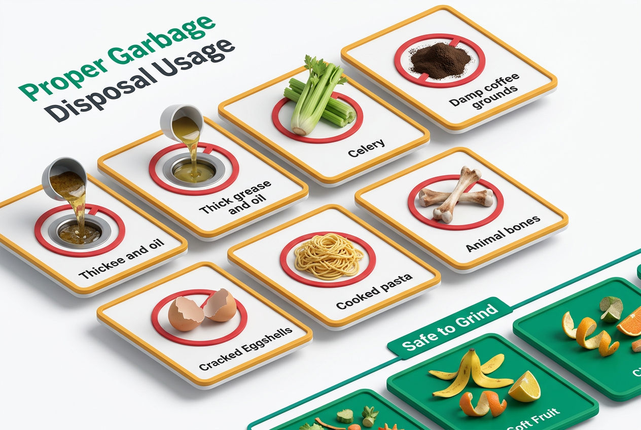 Isometric warning grid showing foods to avoid in septic disposals: grease, fibrous vegetables, coffee grounds, eggshells, and pasta with red icons.