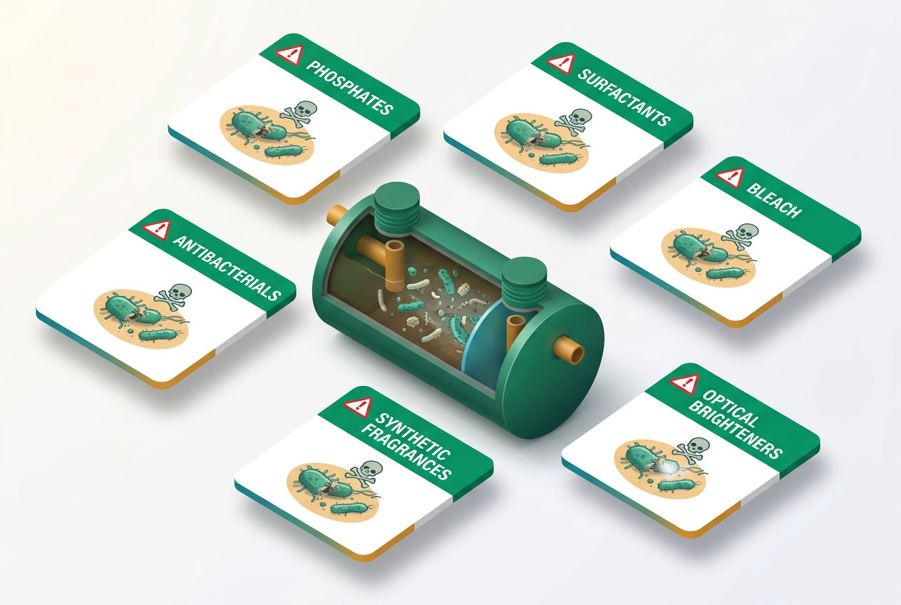 3D isometric infographic showing toxic laundry detergent ingredients with warning icons and their harmful effects on septic tank bacteria.