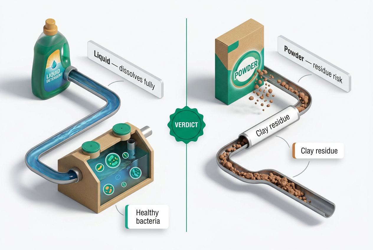 Split-panel 3D isometric scene comparing liquid versus powder laundry detergent effects on septic tank health and pipe flow.