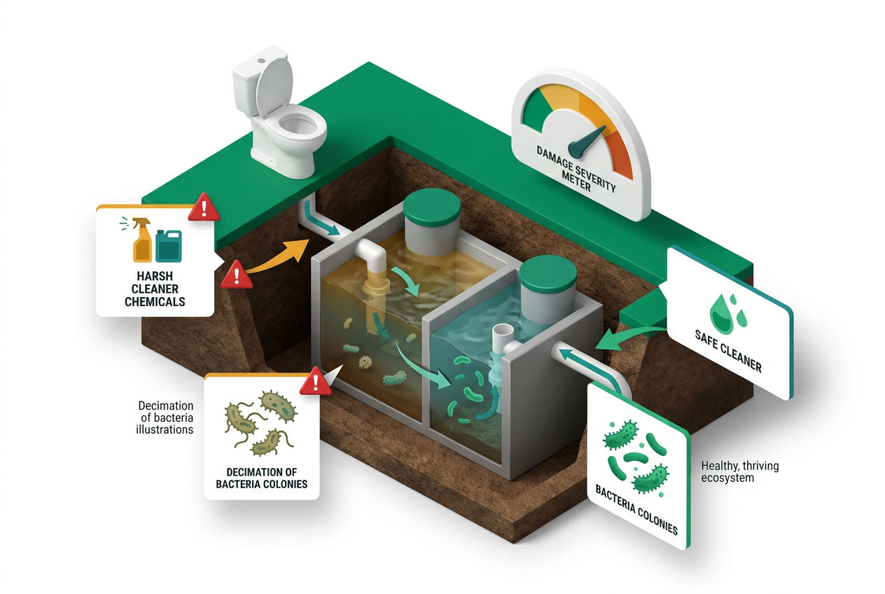 3D isometric cutaway showing toilet bowl cleaner chemicals flowing into septic tank, with bacterial colony health indicators.