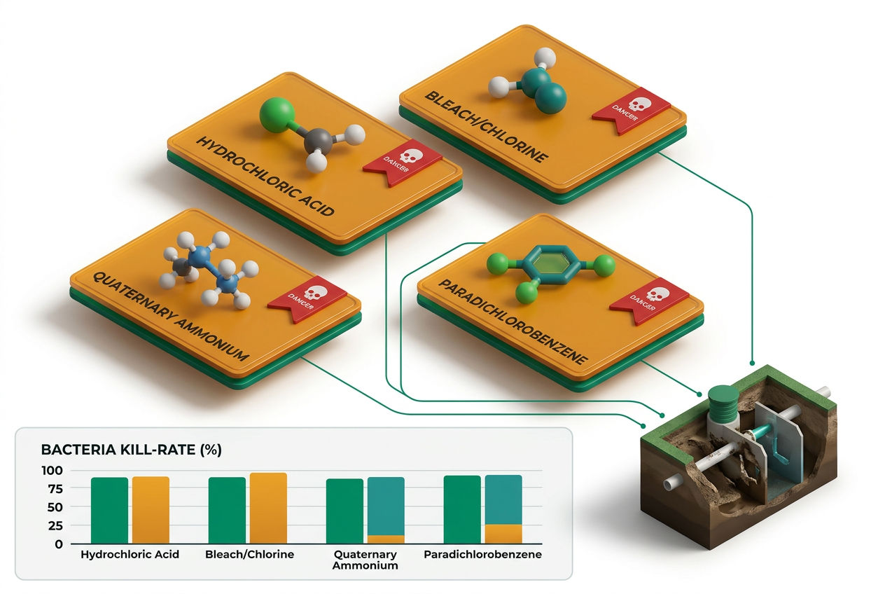 Isometric grid of dangerous toilet cleaner ingredients with hazard icons: bleach, hydrochloric acid, quaternary ammonium, and paradichlorbenzene.