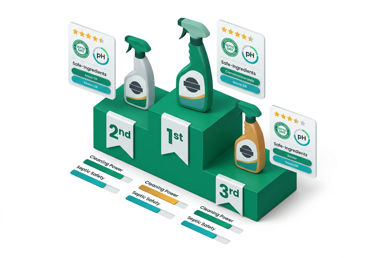 Isometric product comparison podium showing top septic-safe toilet bowl cleaner picks with rating bars, safety badges, and ingredient highlights.