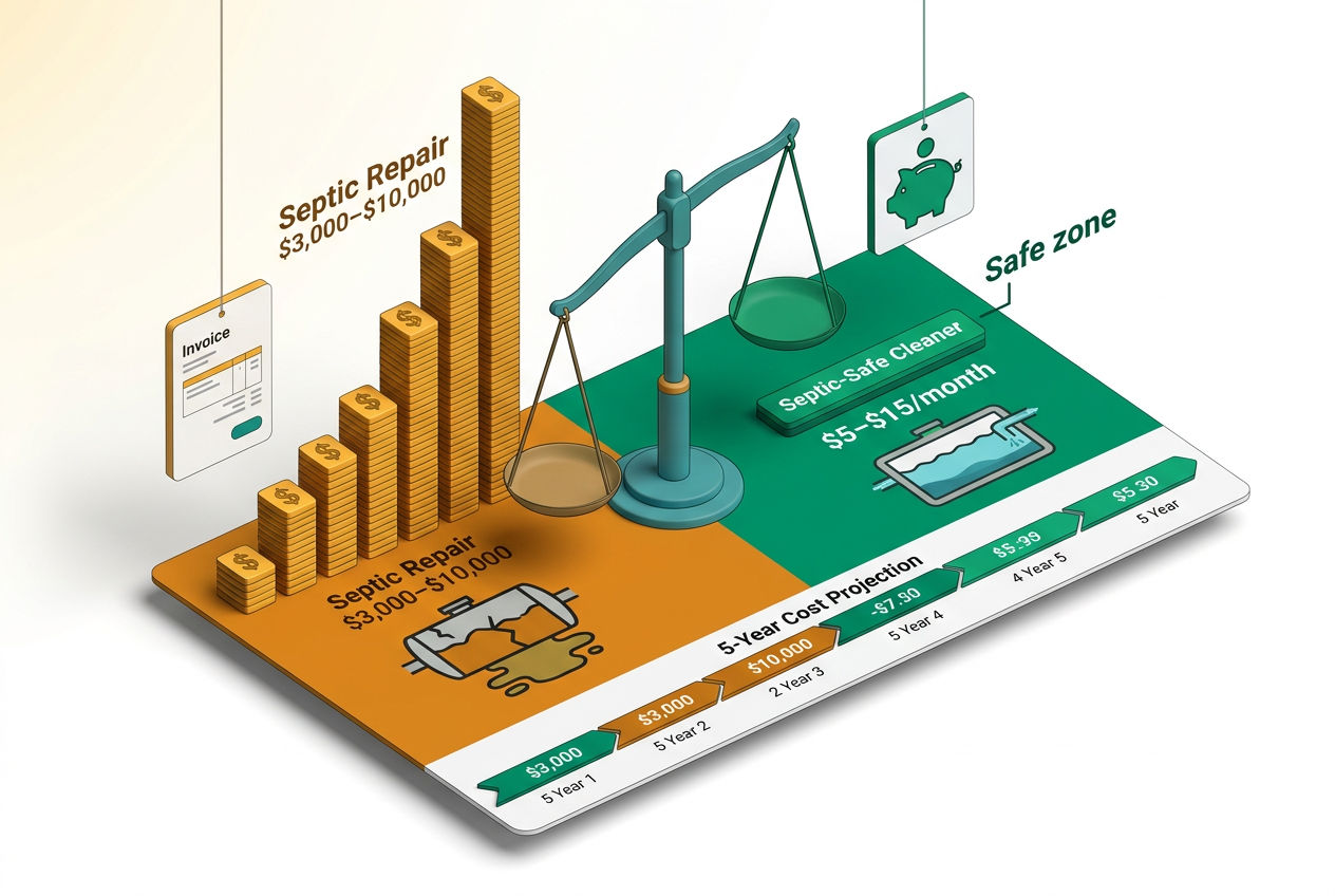 Isometric cost comparison chart showing cheap cleaner damage costs versus septic-safe cleaner savings, with repair bill and tank replacement visuals.