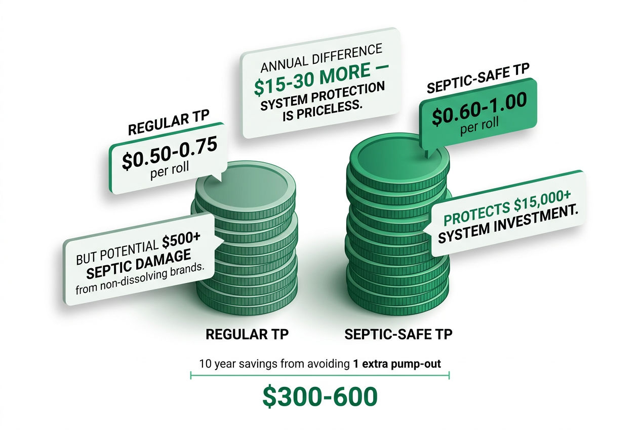 3D cost comparison between regular and septic-safe toilet paper showing long-term value