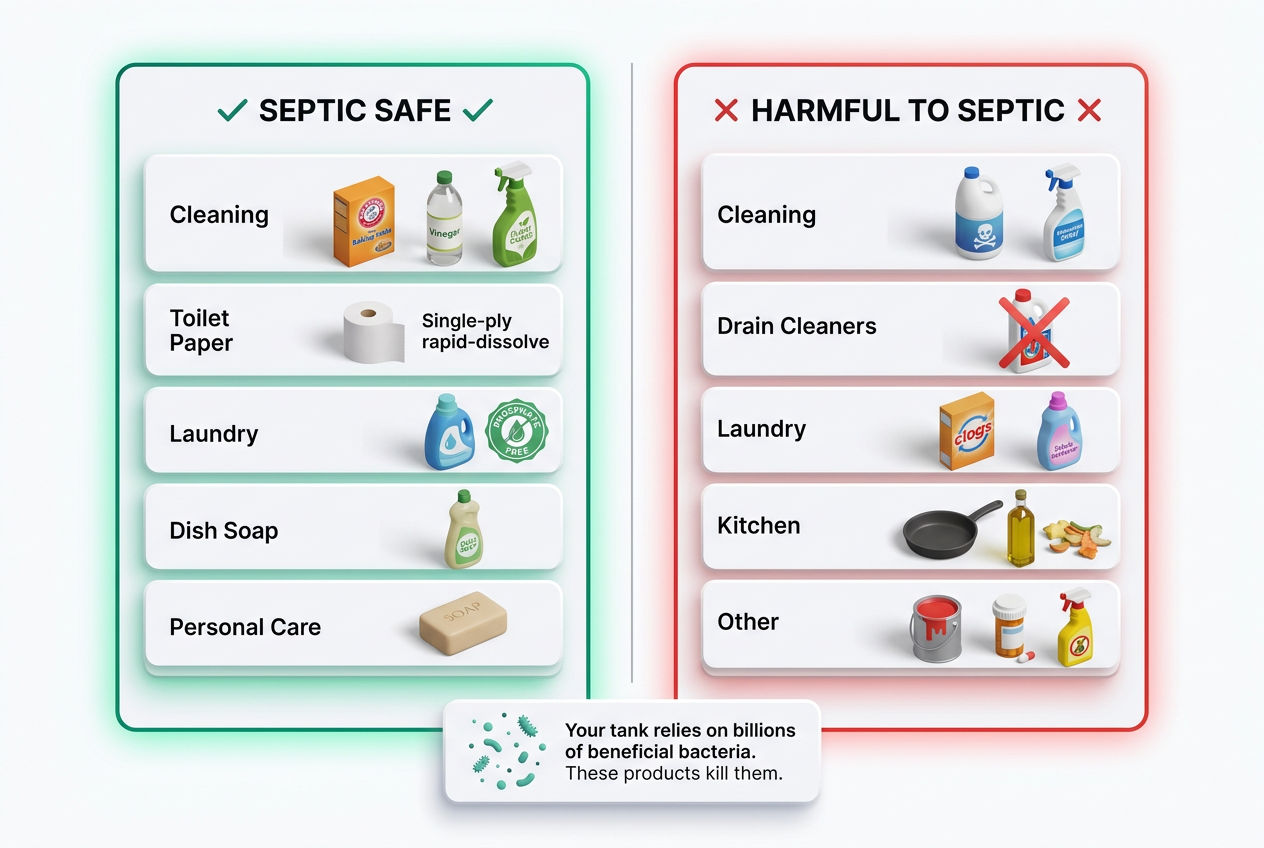 3D isometric comparison of septic-safe household products versus harmful products that damage septic system bacteria
