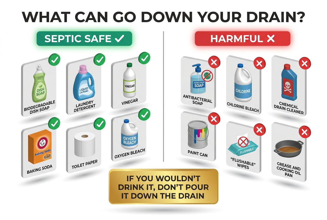 3D two-column guide showing septic-safe products versus harmful products that should never go down drains