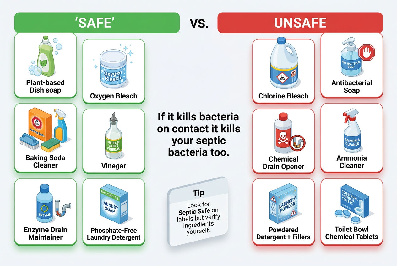 3D two-column comparison of septic-safe versus unsafe household cleaning products