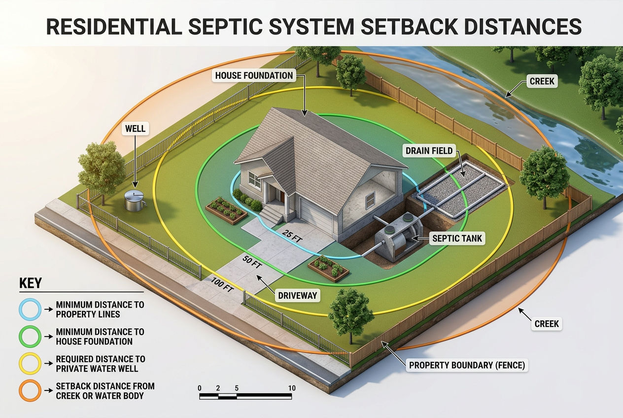3D aerial view showing required setback distances from septic tank and drain field to house, well, property line, and water body