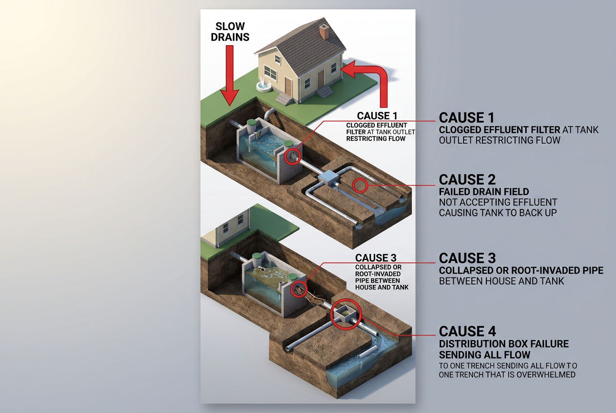 3D underground system showing four septic causes of slow drains: clogged filter, failed field, collapsed pipe, broken d-box