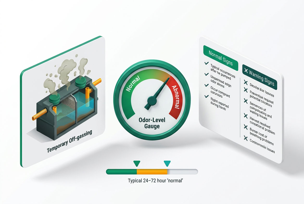 Isometric infographic showing normal vs abnormal septic odor levels after pumping with a gauge, timeline, and checklist panels.