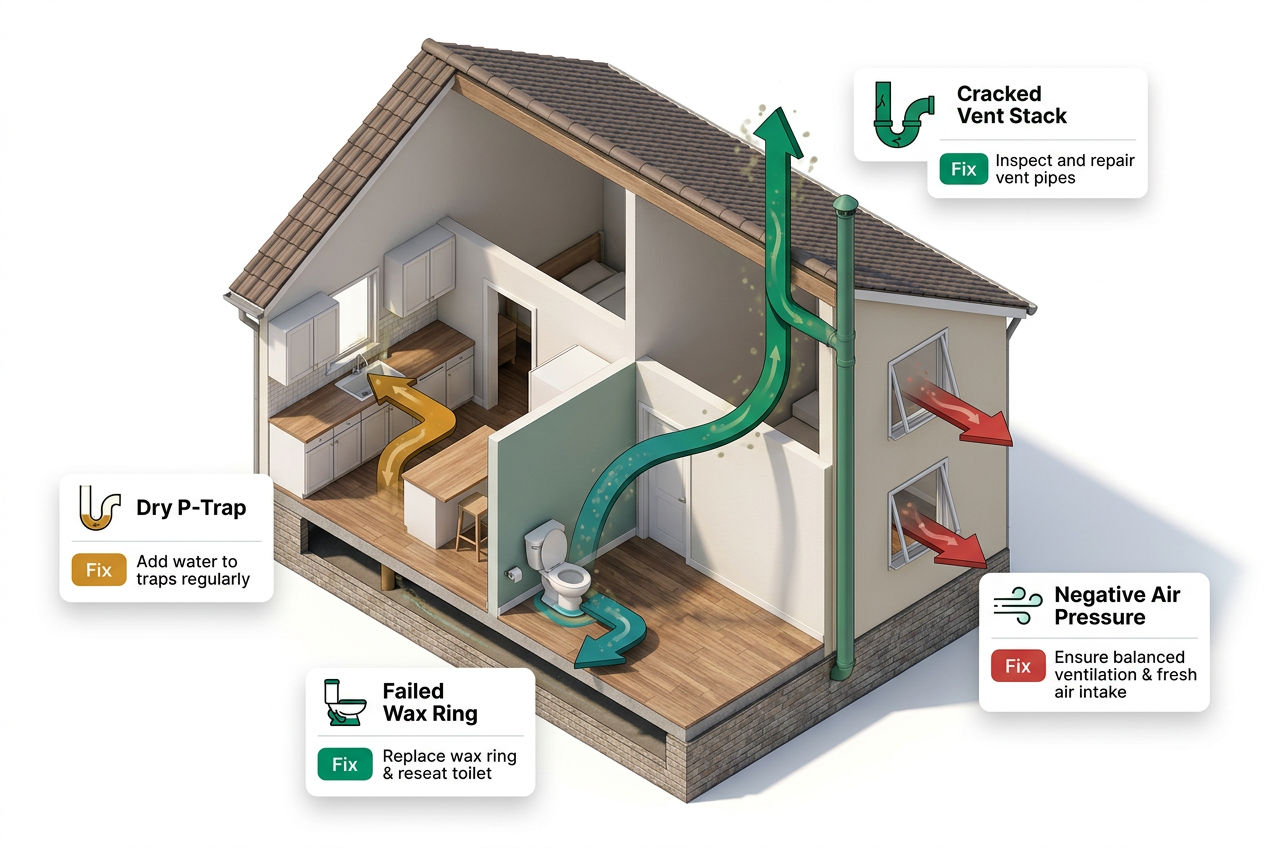 Cutaway house diagram showing four sewer smell entry pathways: dry P-traps, broken wax seals, cracked vents, and negative air pressure.