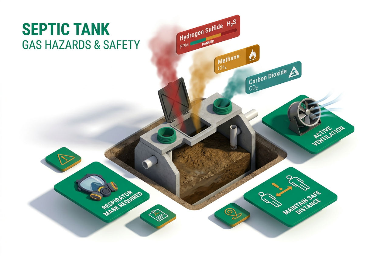 Isometric hazard diagram identifying hydrogen sulfide, methane, and CO gases released during pumping with PPM danger thresholds and safety gear icons.