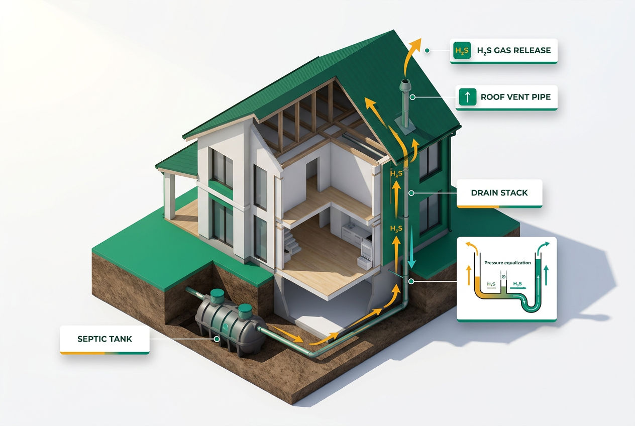 3D isometric cutaway of a house showing septic tank, drain pipes, and roof vent pipe with gas flow arrows indicating odor path.