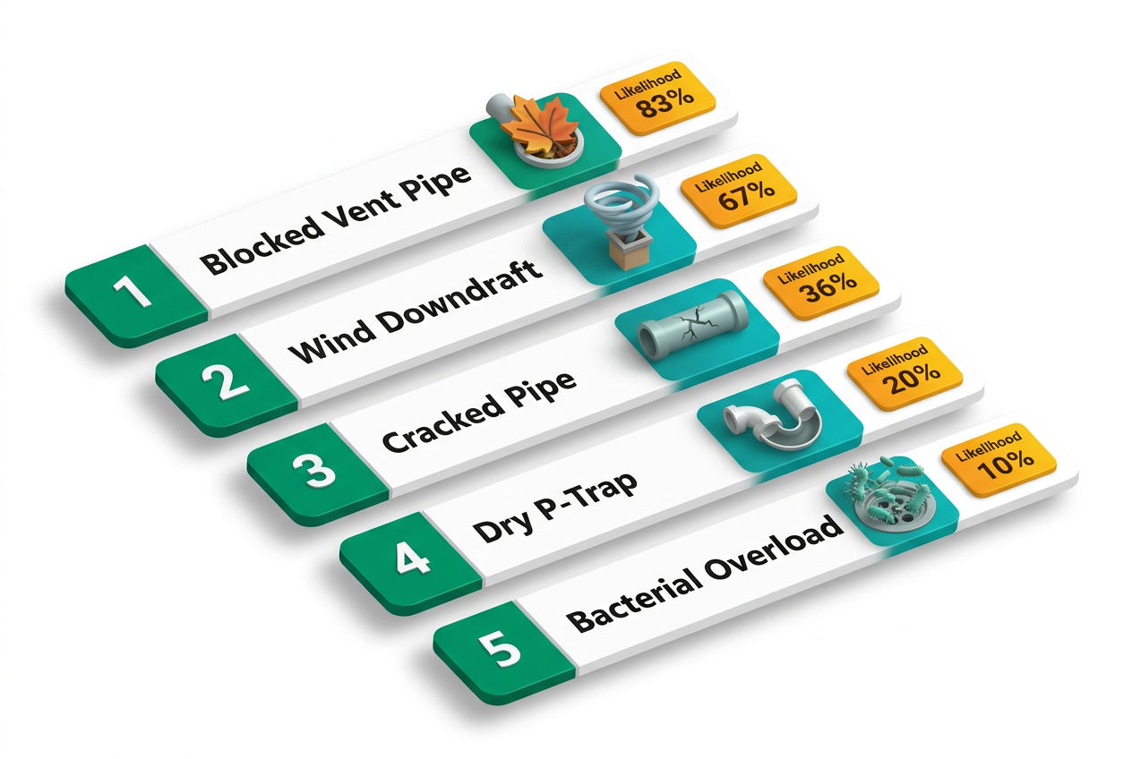 Ranked bar chart of septic roof vent odor causes: blocked vent, wind downdraft, pipe damage, dry traps, and bacterial overload with icons.