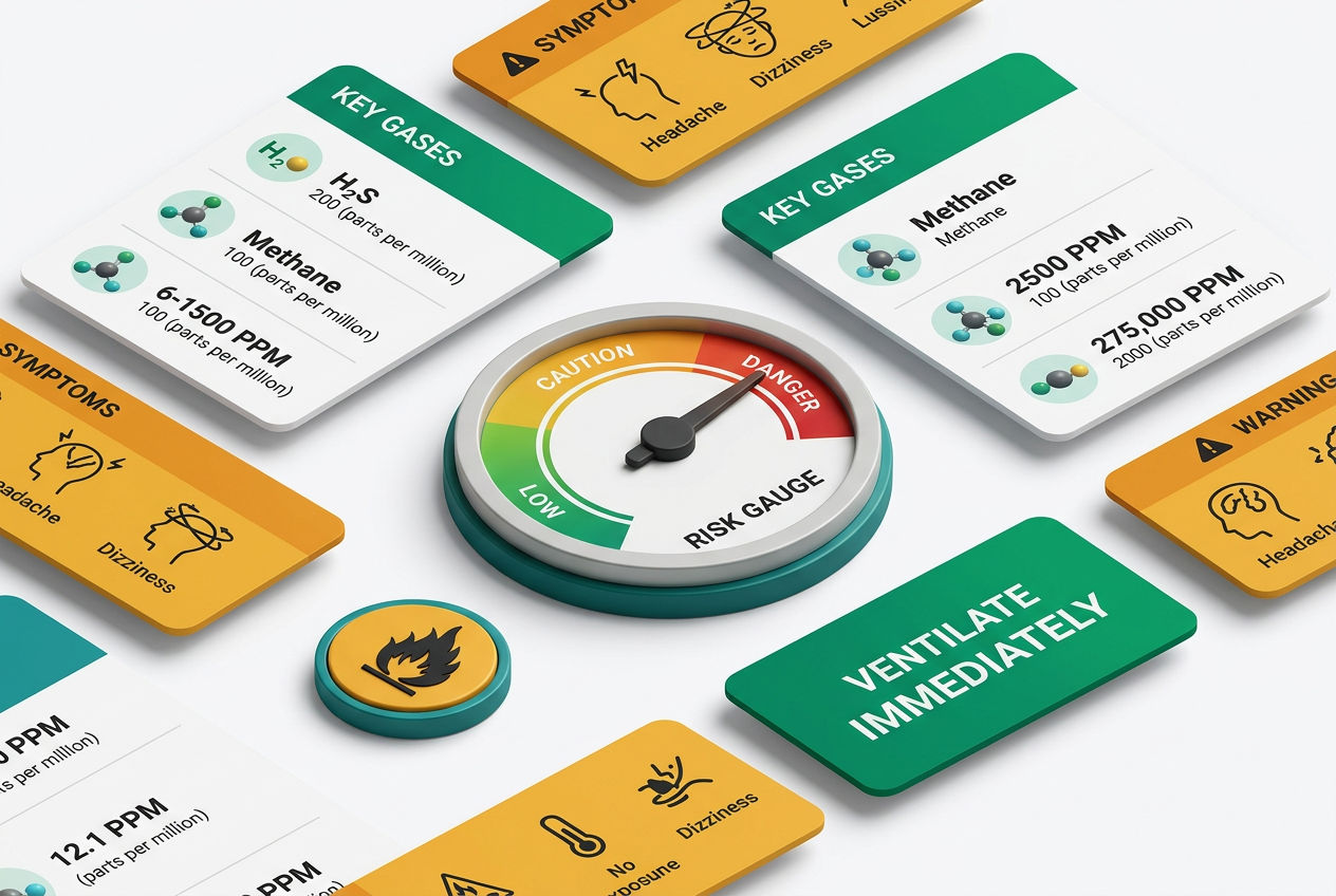 Safety risk dashboard showing sewer gas danger levels, toxic gas icons for H2S and methane, exposure thresholds, and warning indicators.