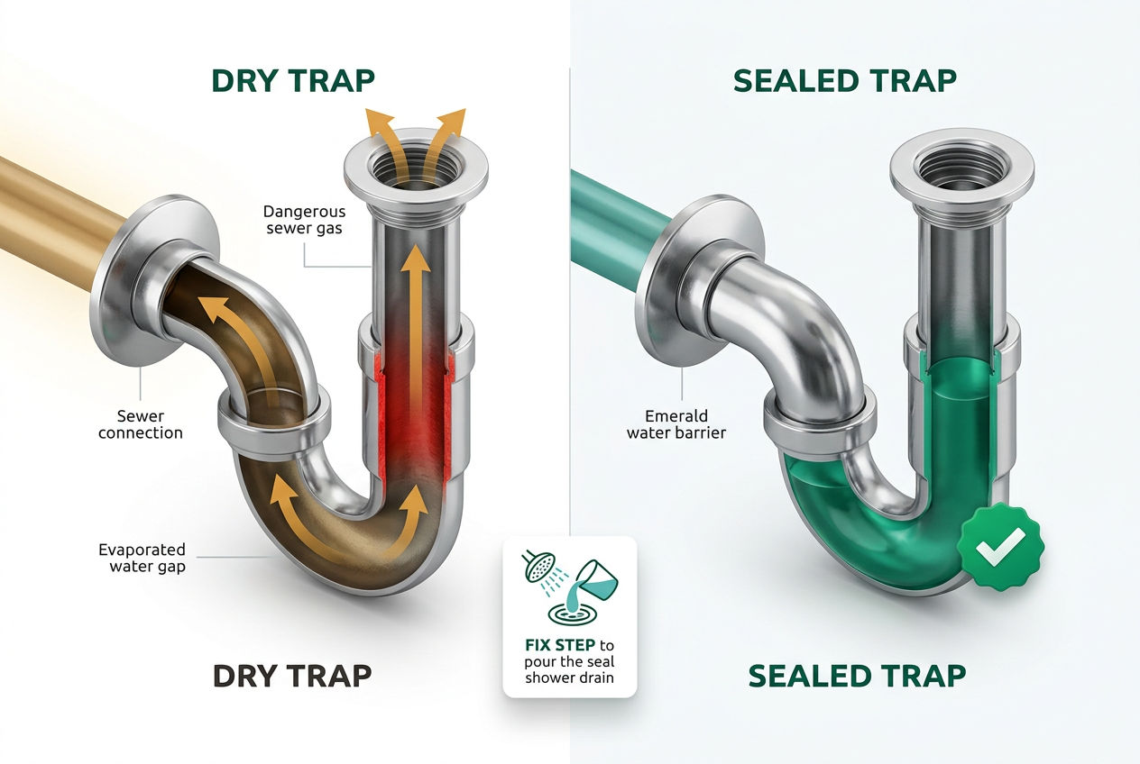 3D isometric cutaway of a shower drain P-trap showing dry vs water-filled states with sewer gas arrows and water seal labels.