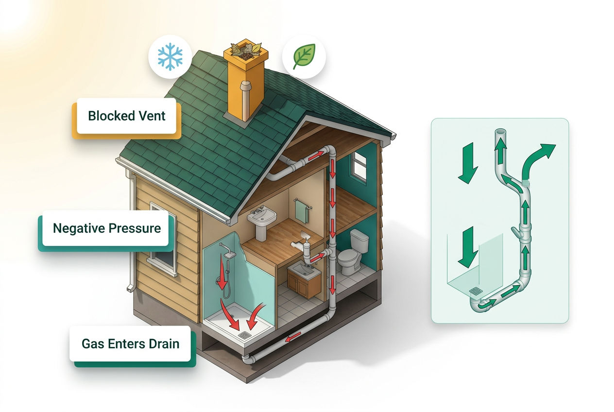 Isometric house cutaway showing blocked roof vent stack, negative pressure arrows pulling sewer gas into shower drain seasonally.
