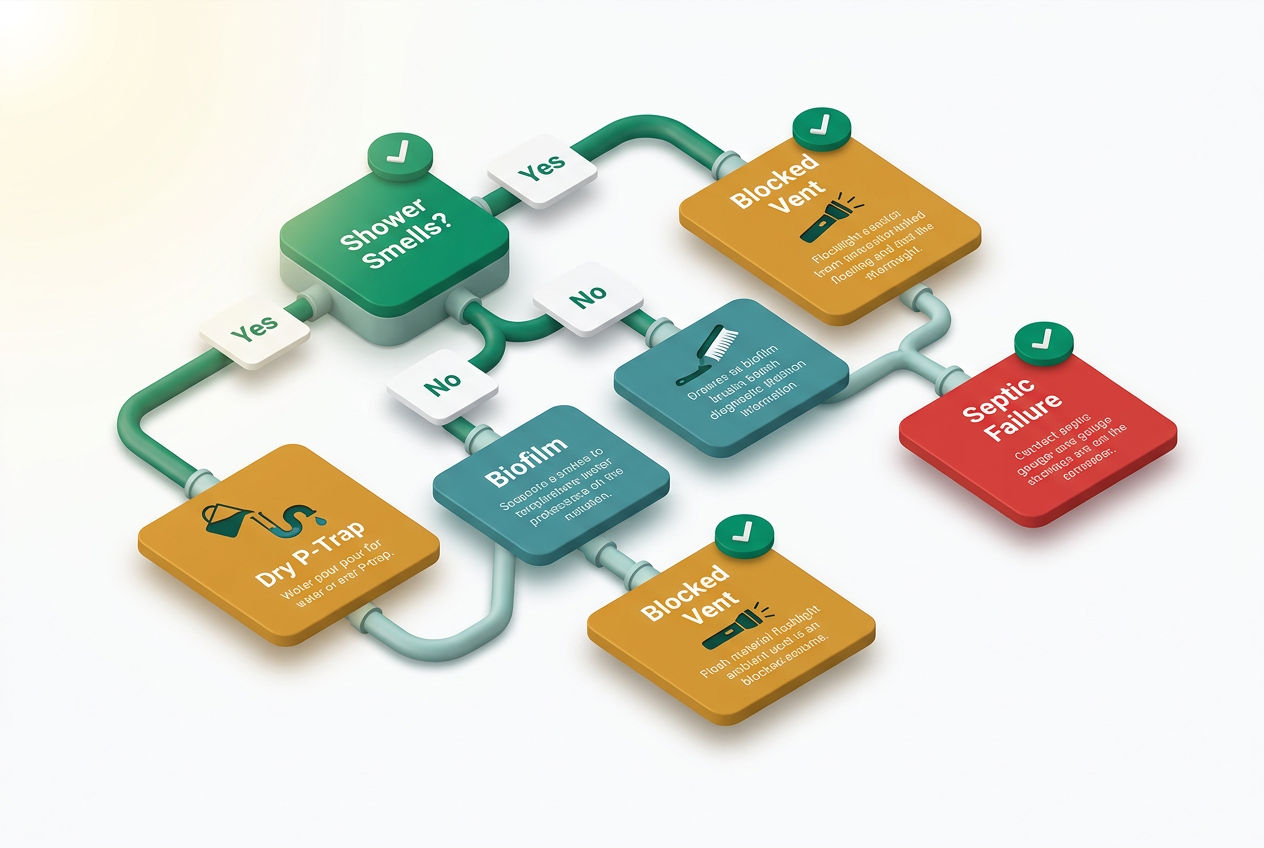 Isometric diagnostic flowchart with yes/no decision nodes identifying dry trap, biofilm, vent blockage, or septic failure as odor source.