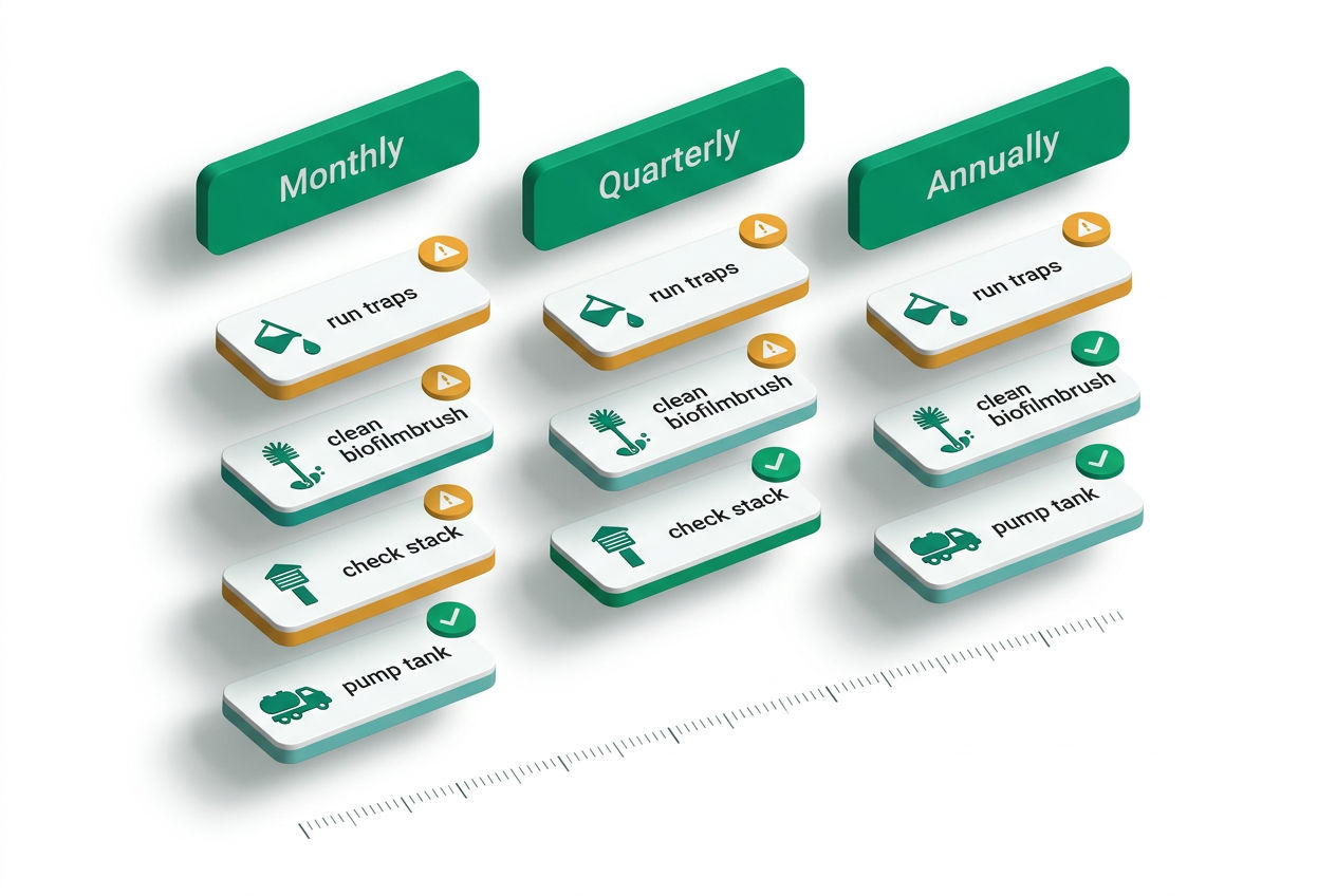 Isometric maintenance checklist grid showing monthly, quarterly, and annual prevention tasks for shower drain odor with icons and timelines.