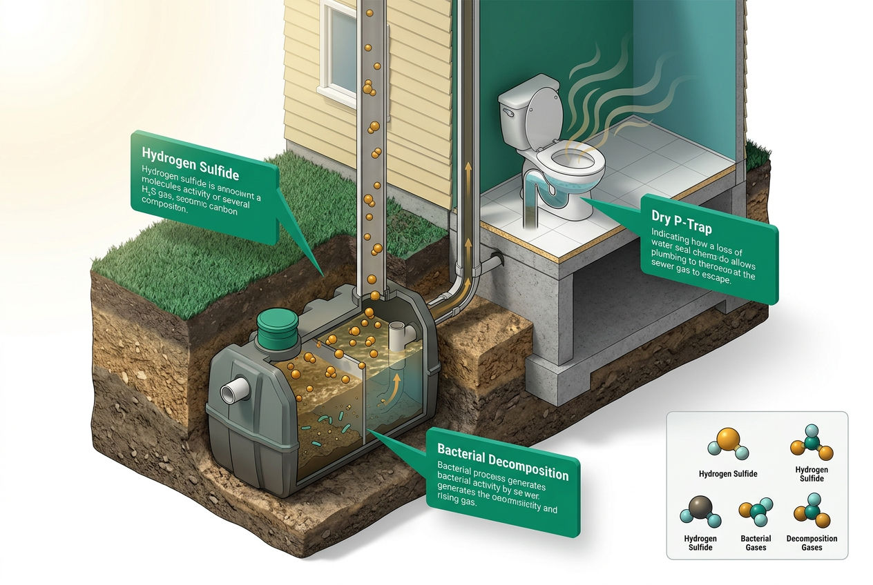 3D isometric cutaway showing hydrogen sulfide gas rising from septic tank through pipes to toilet bowl with labeled odor pathway.