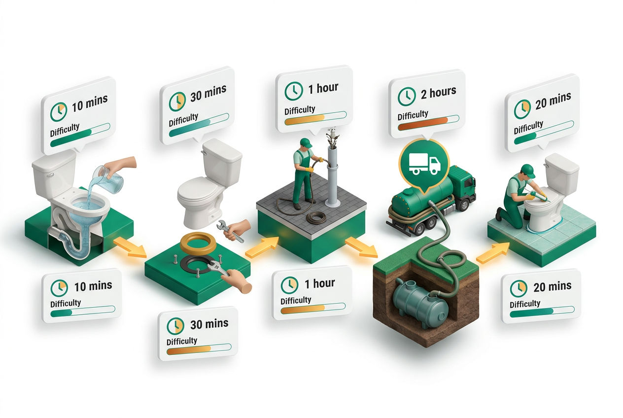 Isometric step-flow diagram showing repair sequences for each toilet odor cause with tool icons, time estimates, and difficulty ratings.