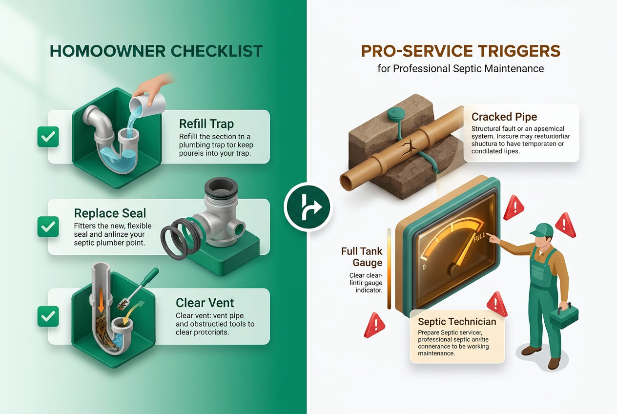 Split isometric comparison panel showing DIY fix checklist on left versus professional septic service scenarios on right with warning indicators.