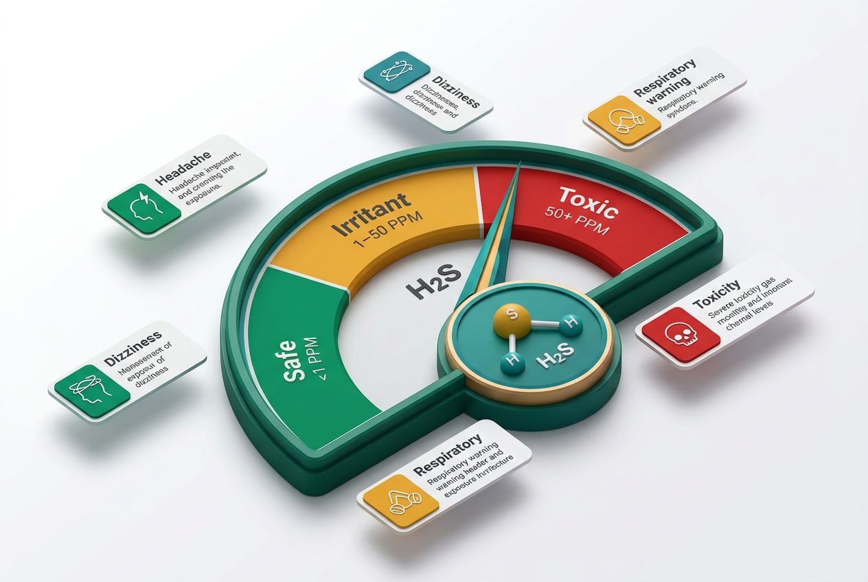 3D isometric danger gauge comparing H2S gas concentration levels from safe to toxic, with health effect icons and PPM labels.