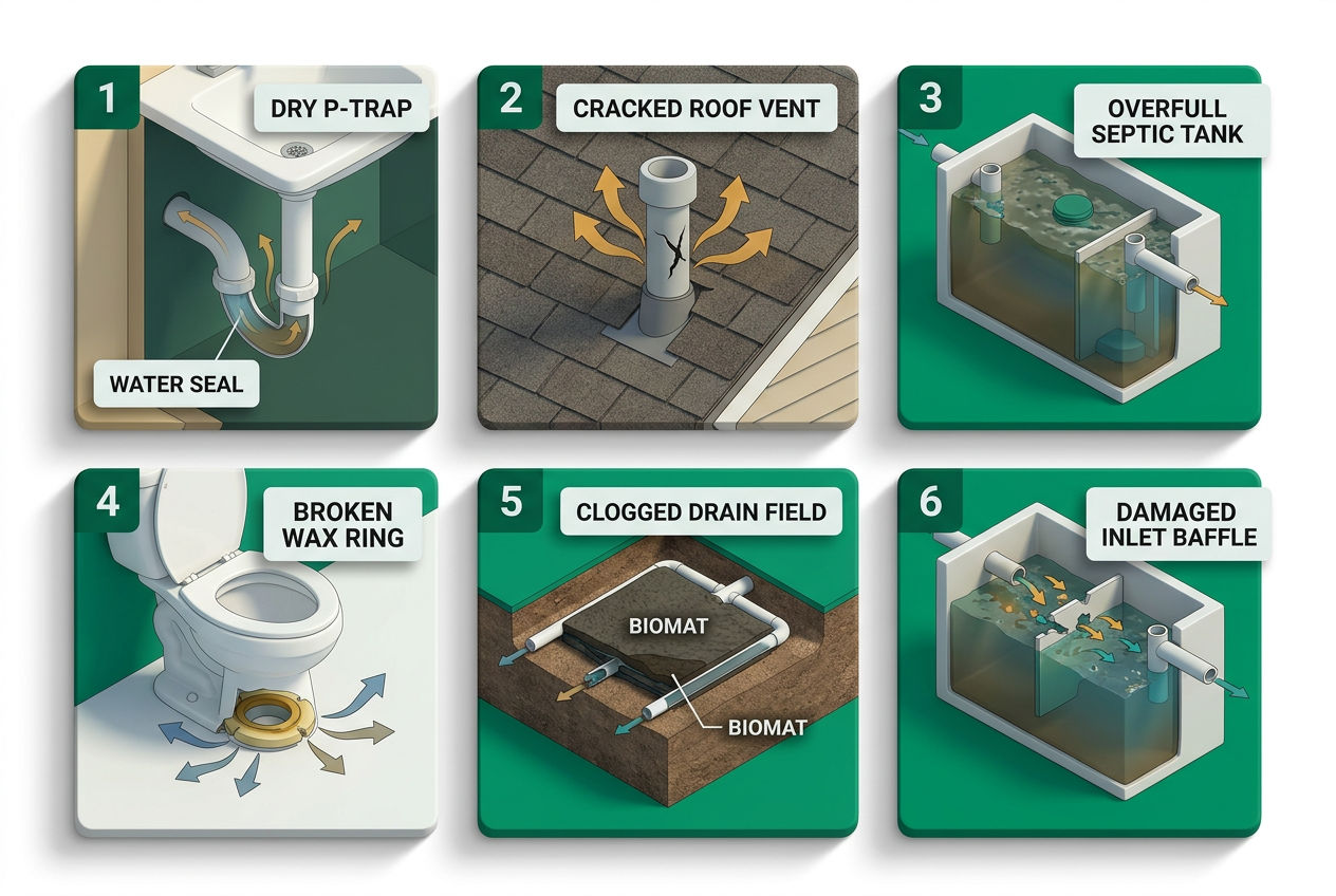 Six-panel 3D isometric grid showing cutaway diagrams of dry P-trap, cracked vent pipe, full tank, wax ring, biomat, and damaged baffle.