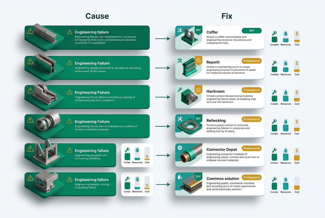 Isometric visual table matching 6 septic smell causes to their fixes with difficulty badges, cost indicators, and tool icons.