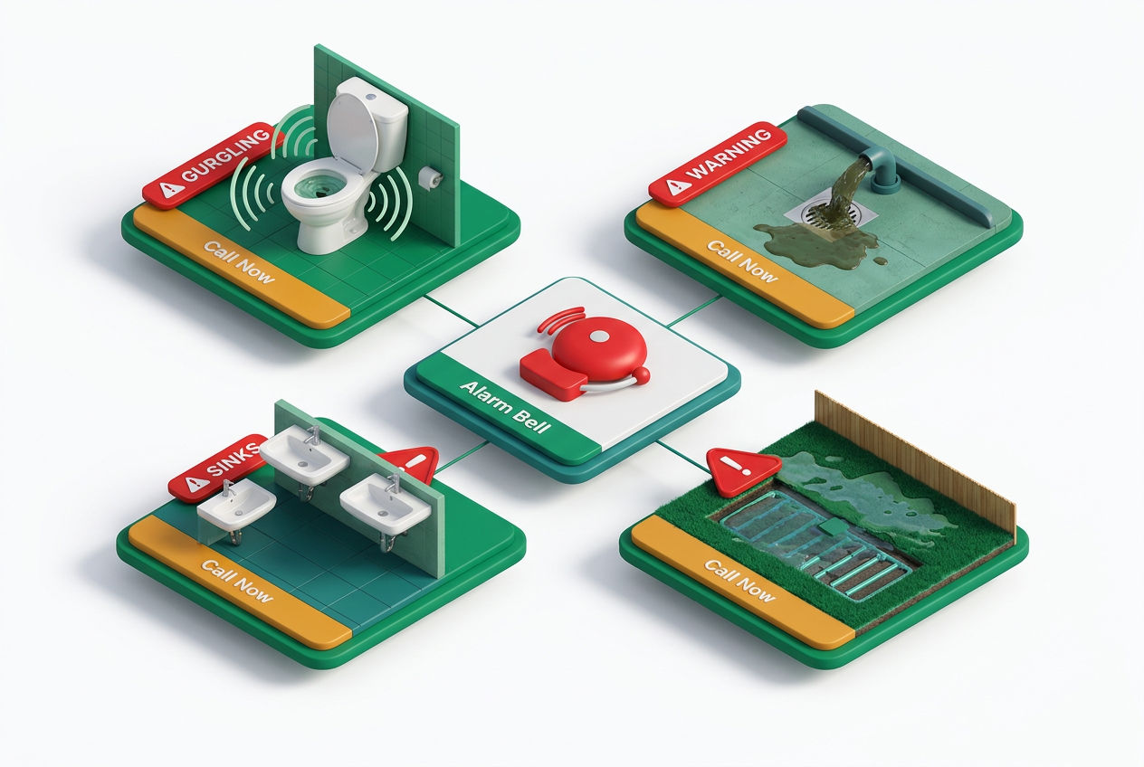 3D isometric emergency checklist with red-alert icons showing gurgling drains, sewage backup, multiple fixture failure, and soggy drain field.