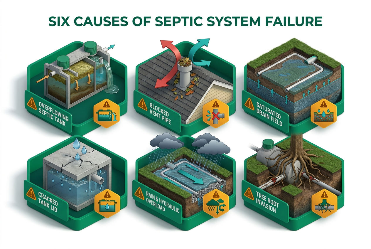 Isometric diagram showing 6 common septic smell causes: full tank, clogged vent pipe, drain field failure, damaged lid, heavy rain, and root intrusion