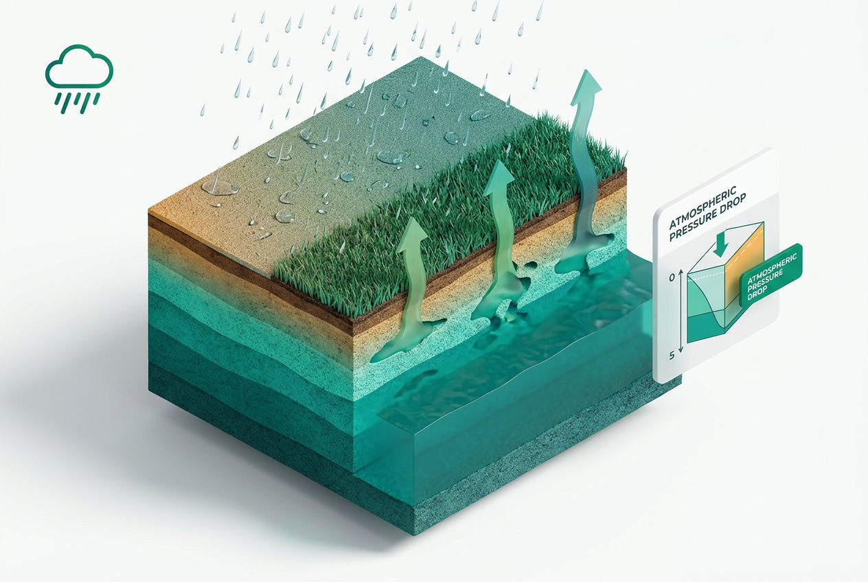 Cross-section infographic showing how rain saturates soil, raises water table, and forces septic gases upward through drain field and yard surface.