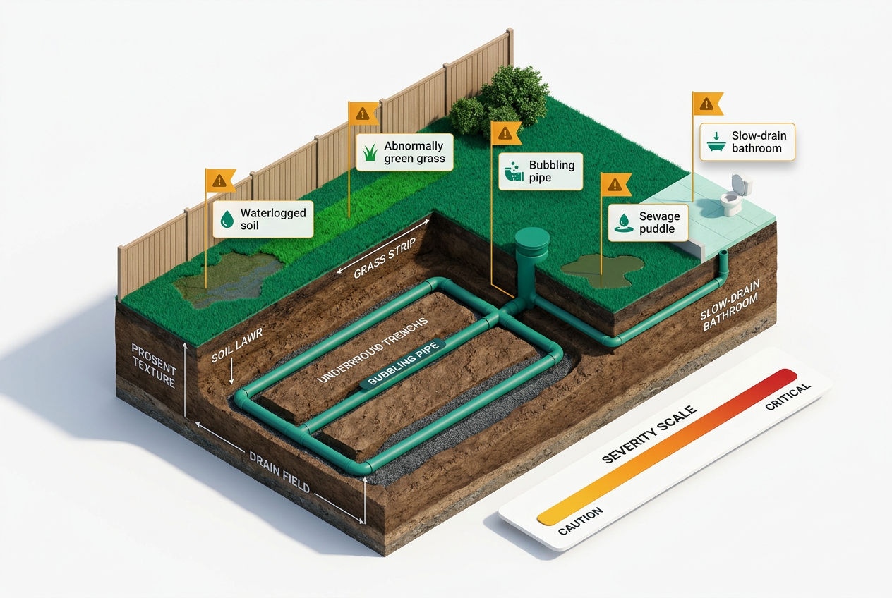 Isometric yard scene with labeled warning signs of drain field failure: soggy patches, lush grass strips, gurgling pipes, sewage surfacing, and slow d